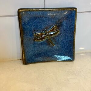 Handmade Blue Ceramic Trinket Dish with Dragonfly Accent